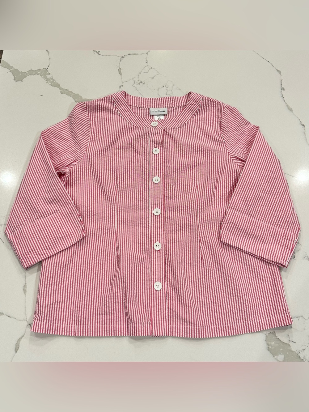 Vermont Country Store Women Seersucker Button Shirt Topper Pink Striped Cotton M